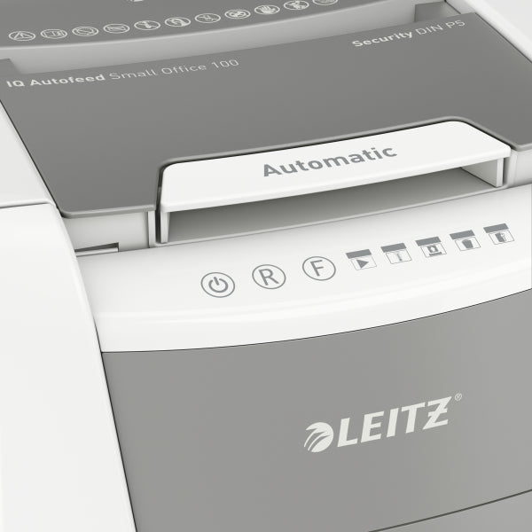 Leitz IQ AutoFeed 100 Sheet AUTO-FEED P5 Micro Cut Small Office Shredder - 3 Year Warranty.
